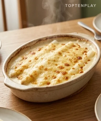 Gratin d'asperges blanches au jambon et fromage fondant