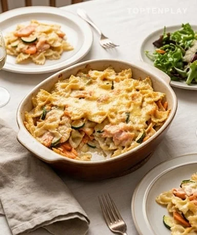 Gratin de farfalle au saumon fumé et courgettes