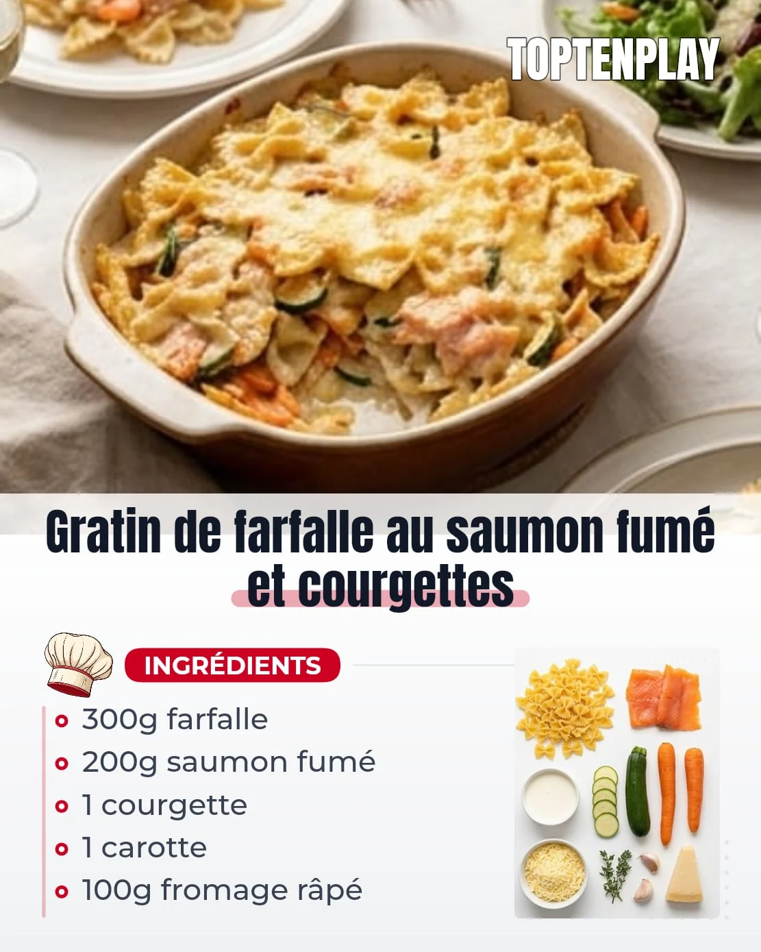 Gratin de farfalle au saumon fumé et courgettes
• 300g farfalle
• 200g saumon fumé
• 1 courgette moyenne
• 1 carotte
