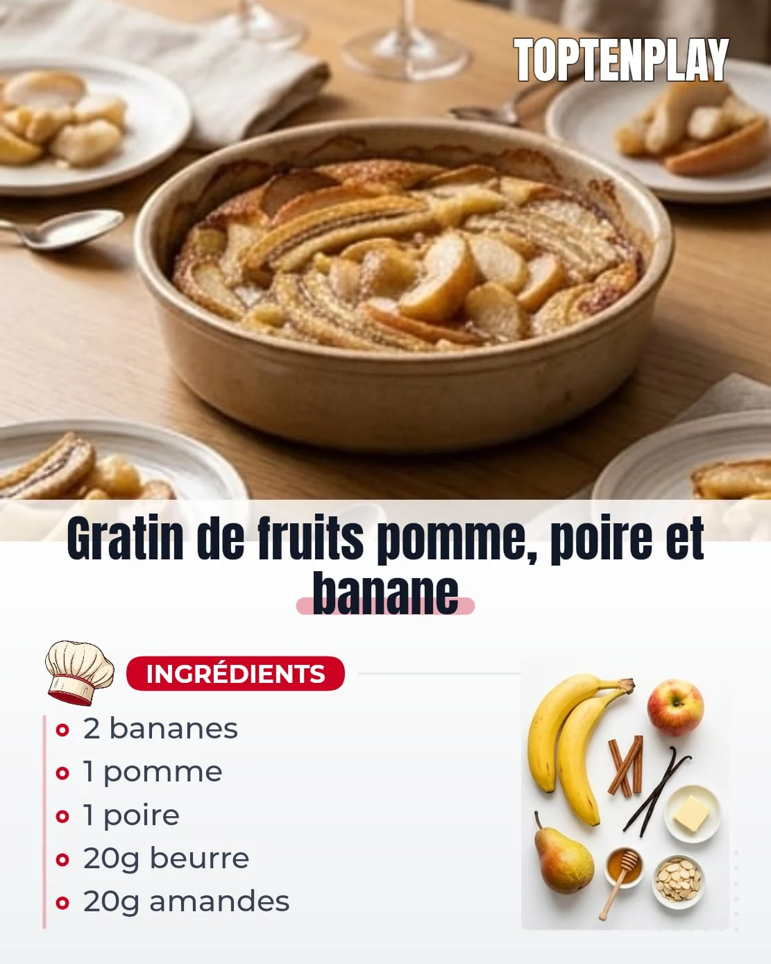 Gratin de fruits pomme, poire et banane