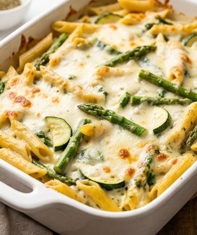 Gratin de pâtes printanier aux asperges, courgettes et mozzarella