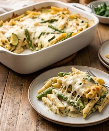 Gratin de pâtes printanier : asperges, courgettes et mozzarella fondante en sauce crémeuse