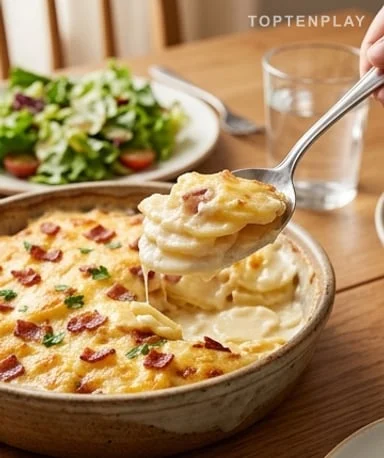 Gratin de pommes de terre crémeux au fromage et bacon de dinde