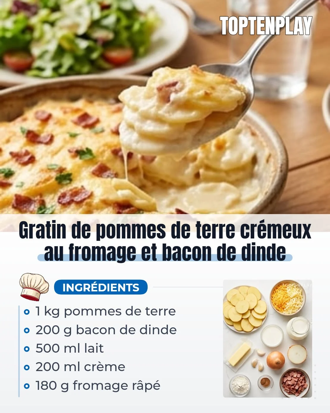 Gratin de pommes de terre crémeux au fromage et bacon de dinde
• 1 kg pommes de terre à chair fondante
• 200 g bacon de dinde
• 1 oignon jaune, facultatif
• 2 gousses d’ail