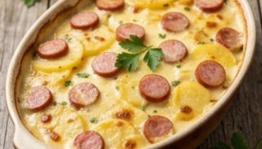 Gratin fondant franc-comtois : pommes de terre, saucisse fumée et cancoillotte crémeuse