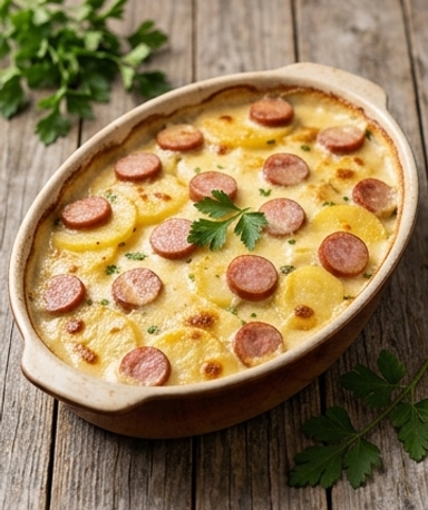Gratin fondant franc-comtois : pommes de terre, saucisse fumée et cancoillotte crémeuse