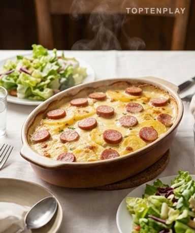 Gratin fondant franc-comtois : pommes de terre, saucisse fumée et cancoillotte crémeuse