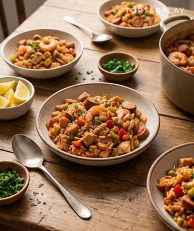Jambalaya du Bayou au poulet, crevettes et saucisses de volaille