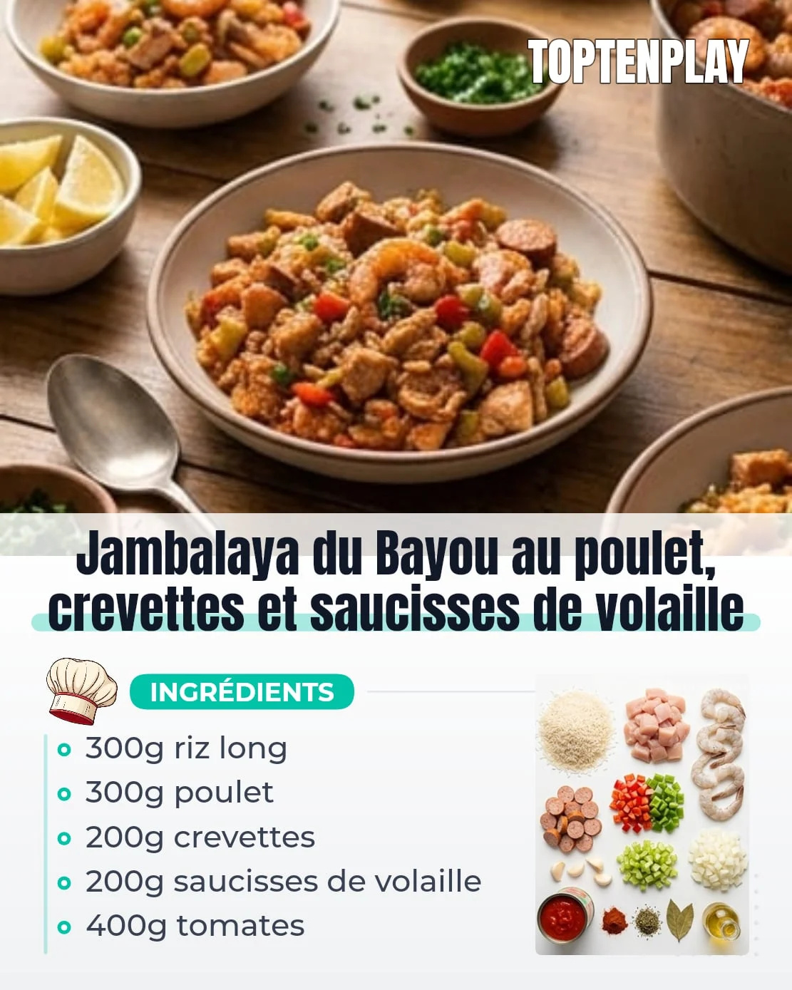 Jambalaya du Bayou au poulet, crevettes et saucisses de volaille
• 300 g riz long
• 300 g poulet coupé en dés
• 200 g crevettes décortiquées
• 200 g saucisses de volaille coupées en rondelles