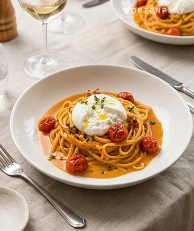 Linguine aux langoustines, burrata fondante et tomates cerises confites