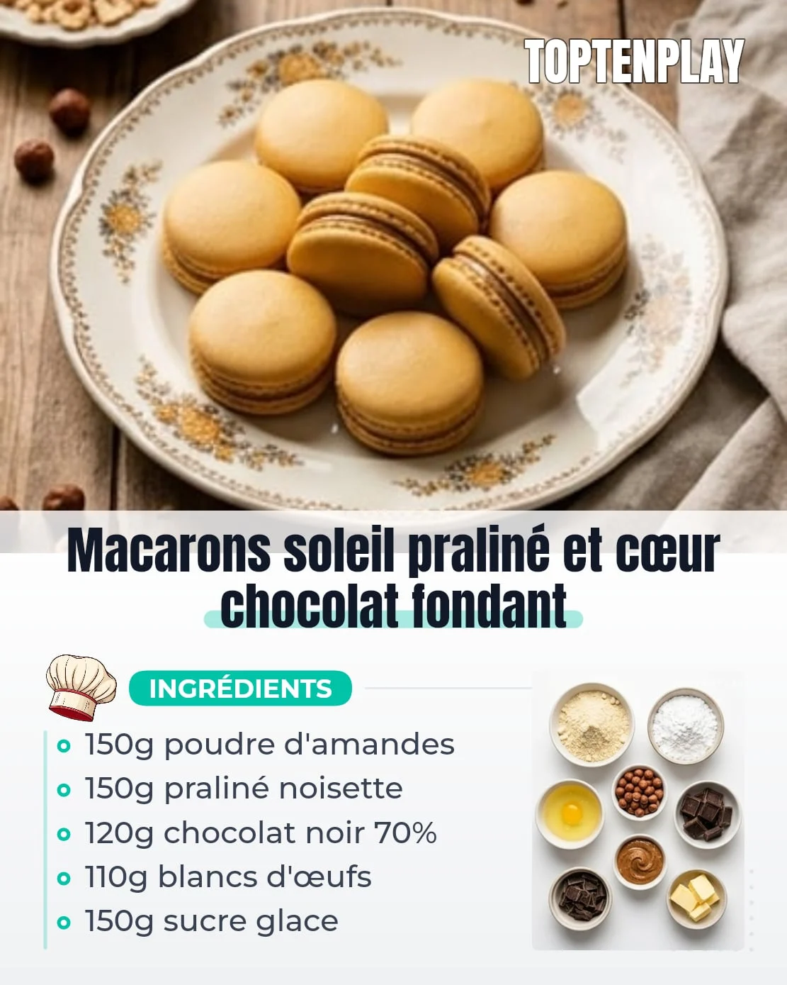 Macarons Soleil Praliné et Cœur Chocolat Fondant