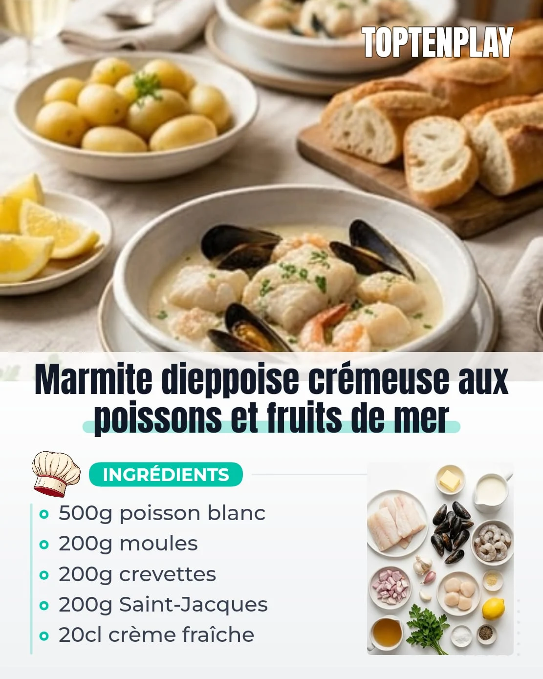 Marmite dieppoise crémeuse aux poissons et fruits de mer
• 500g filets de poisson blanc
• 200g moules nettoyées
• 200g crevettes décortiquées
• 200g coquilles Saint-Jacques