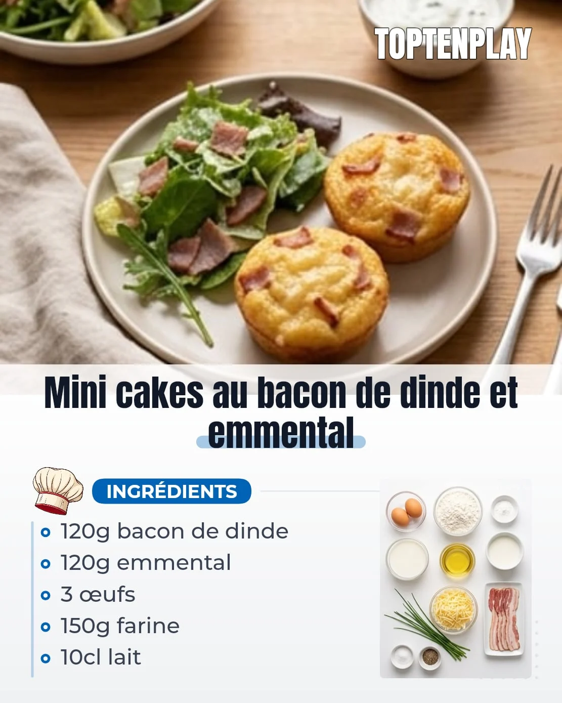 Mini cakes au bacon de dinde et emmental
• 120 g bacon de dinde
• 120 g emmental râpé
• 3 œufs
• 150 g farine