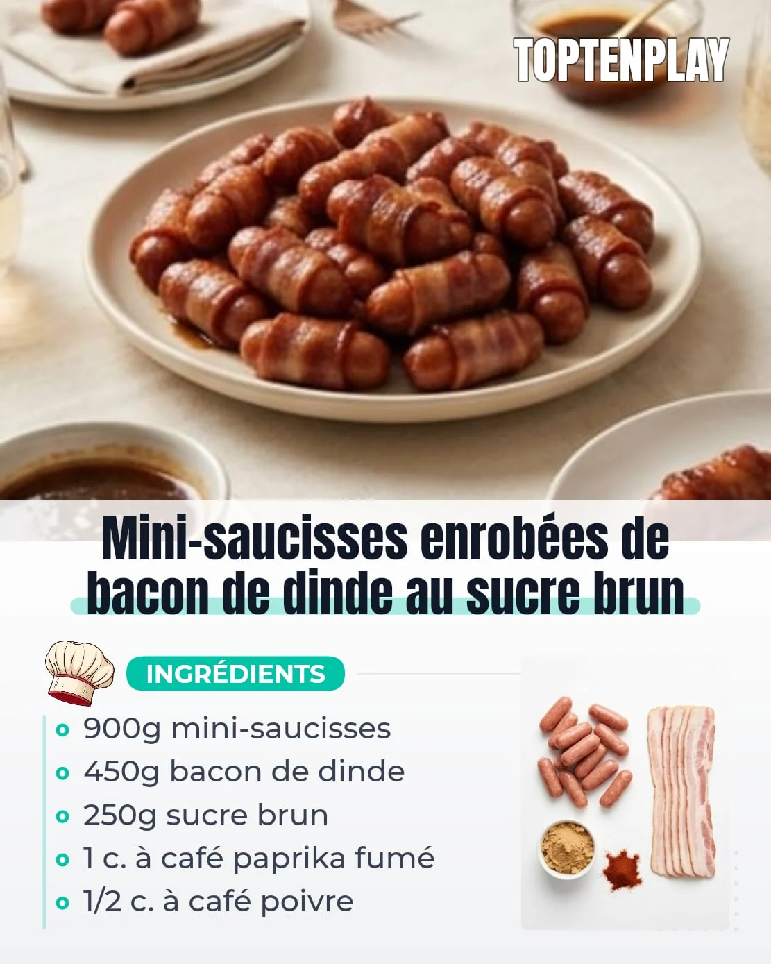 Mini-saucisses enrobées de bacon de dinde au sucre brun
• 900 g mini-saucisses de dinde, poulet ou bœuf
• 450 g bacon de dinde finement tranché
• 250 g sucre brun clair tassé
• 1 c. à café paprika fumé