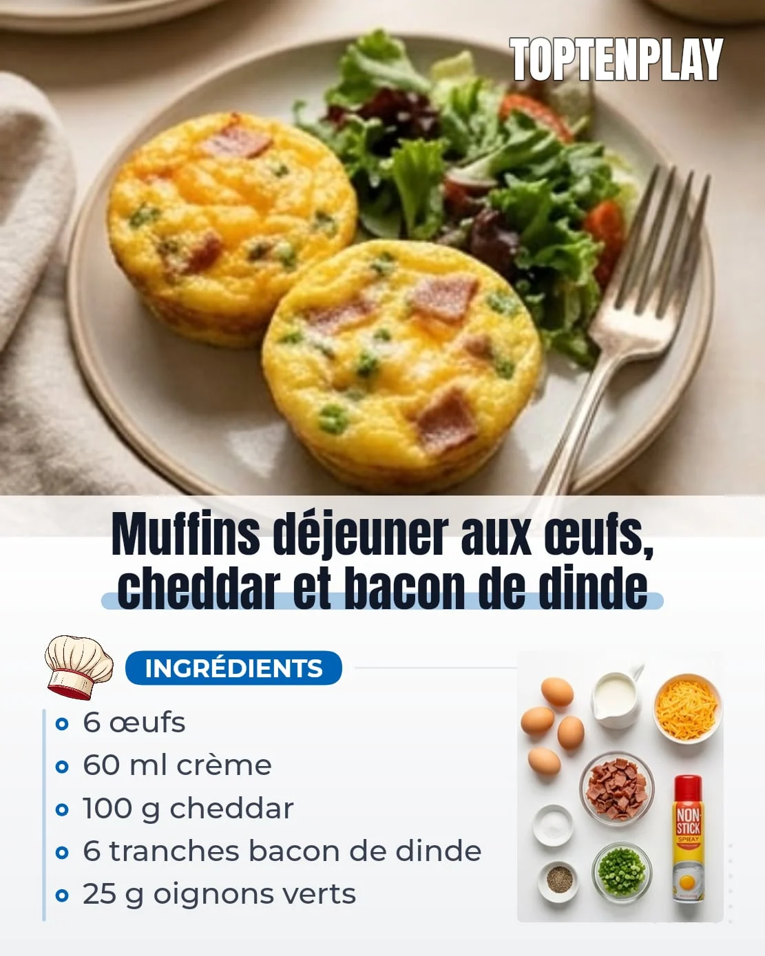 Muffins déjeuner aux œufs, cheddar et bacon de dinde
