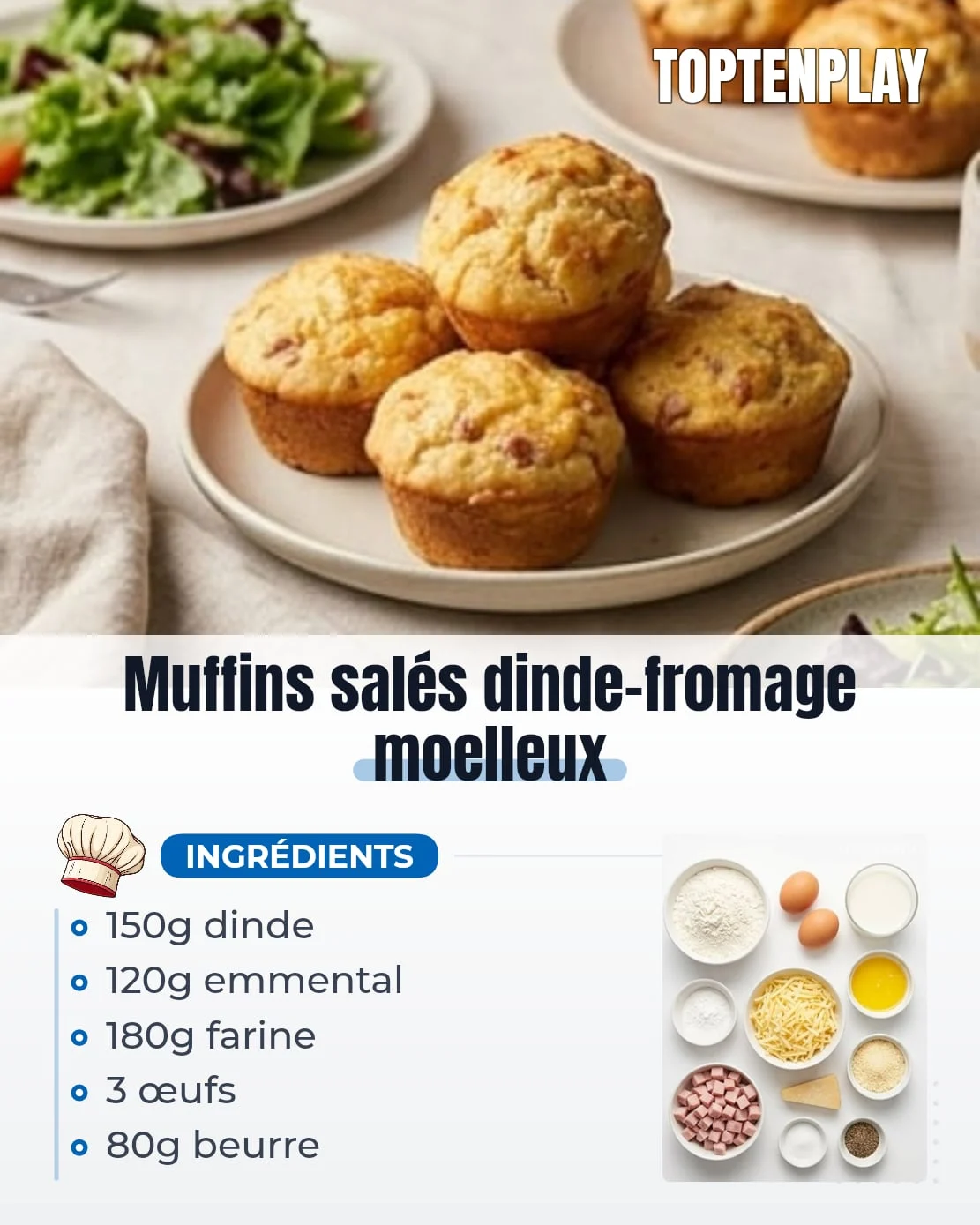 Muffins salés dinde-fromage moelleux
• 150 g dés de dinde fumée ou blanc de dinde
• 120 g emmental râpé
• 30 g parmesan râpé
• 180 g farine