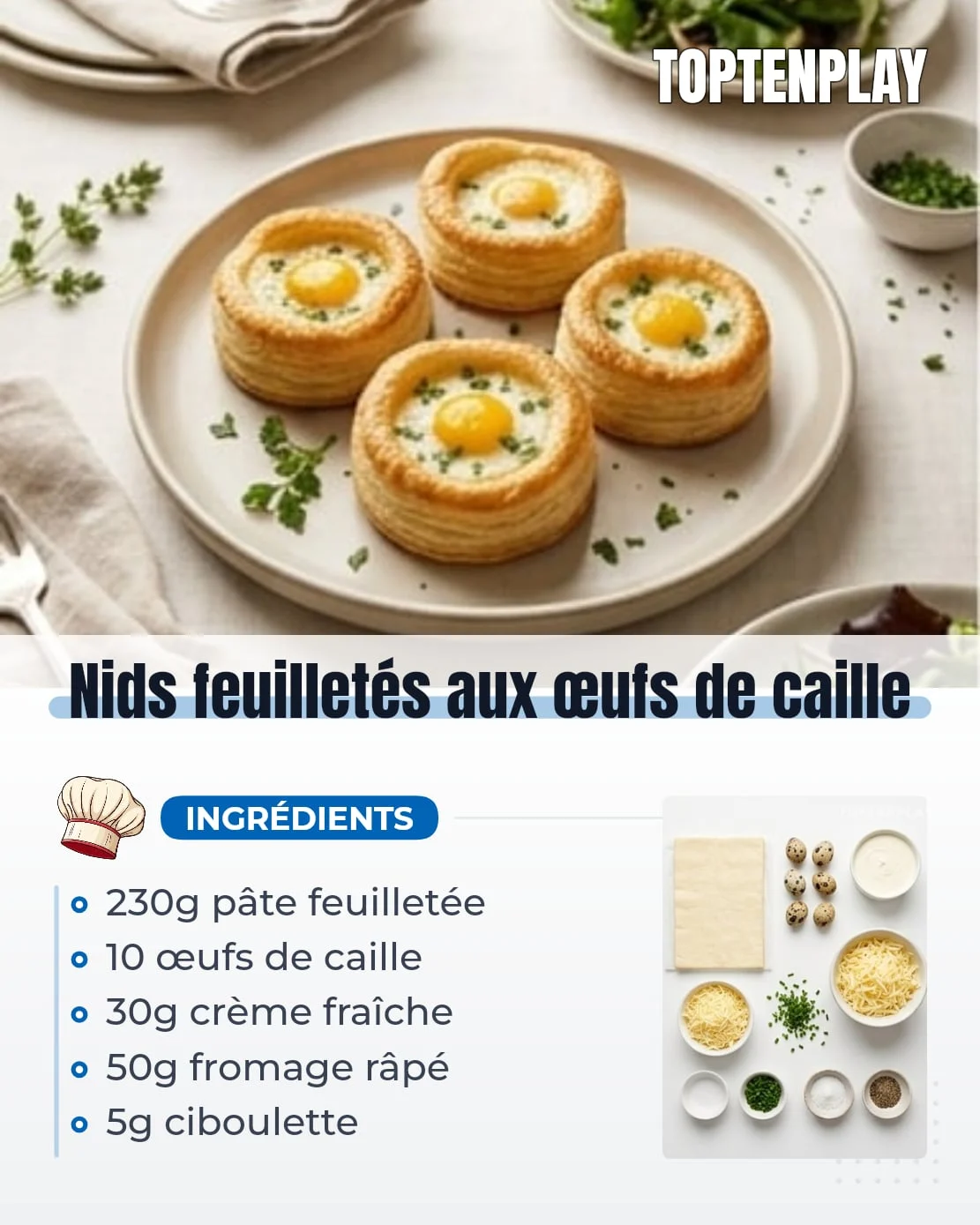 Nids feuilletés aux œufs de caille
• 230 g pâte feuilletée bien froide
• 10 œufs de caille
• 30 g crème fraîche épaisse
• 50 g fromage râpé type comté ou gruyère