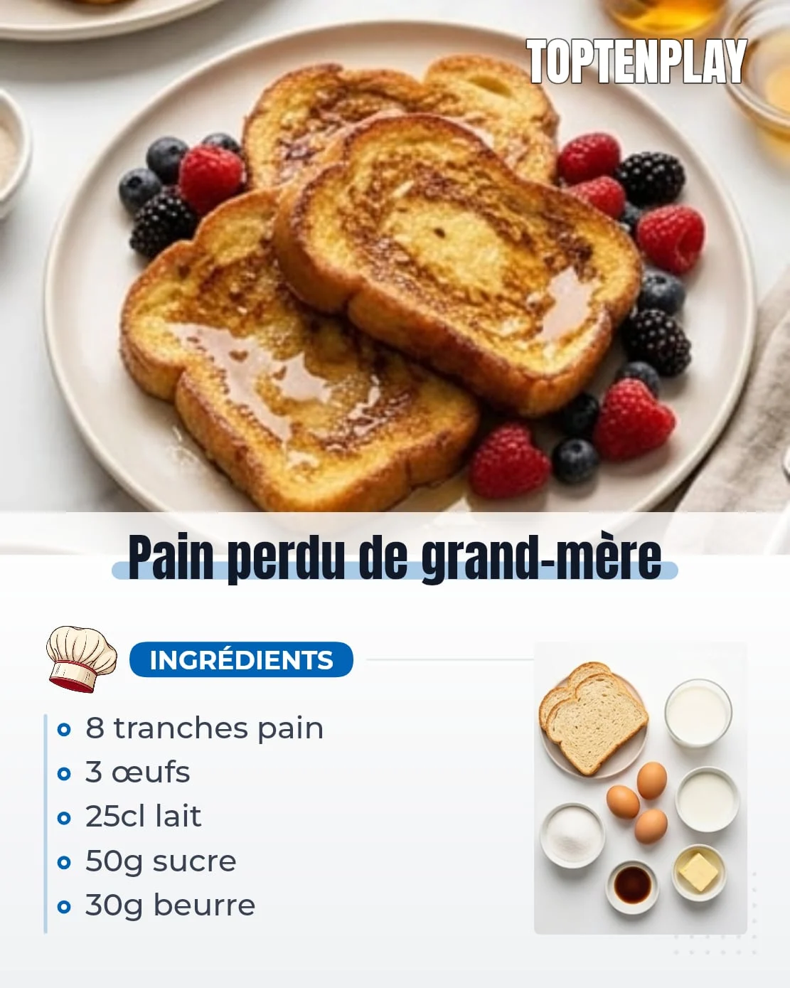 Pain perdu de grand-mère
• 8 tranches pain rassis
• 3 œufs
• 25 cl lait
• 50 g sucre