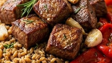 Paleron de boeuf grillé à l&rsquo;ail et au romarin, épeautre tiède aux herbes et poivrons rôtis