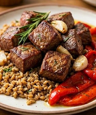 Paleron de boeuf grillé à l'ail et au romarin, épeautre tiède aux herbes et poivrons rôtis