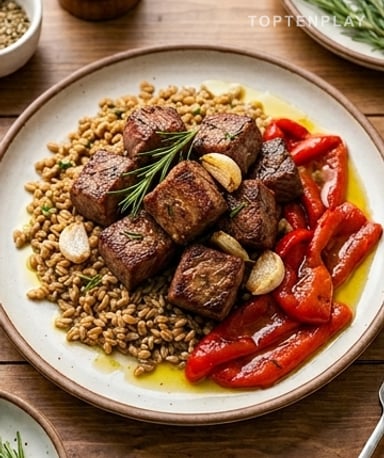 Paleron de boeuf grillé à l'ail et au romarin, épeautre tiède aux herbes et poivrons rôtis
