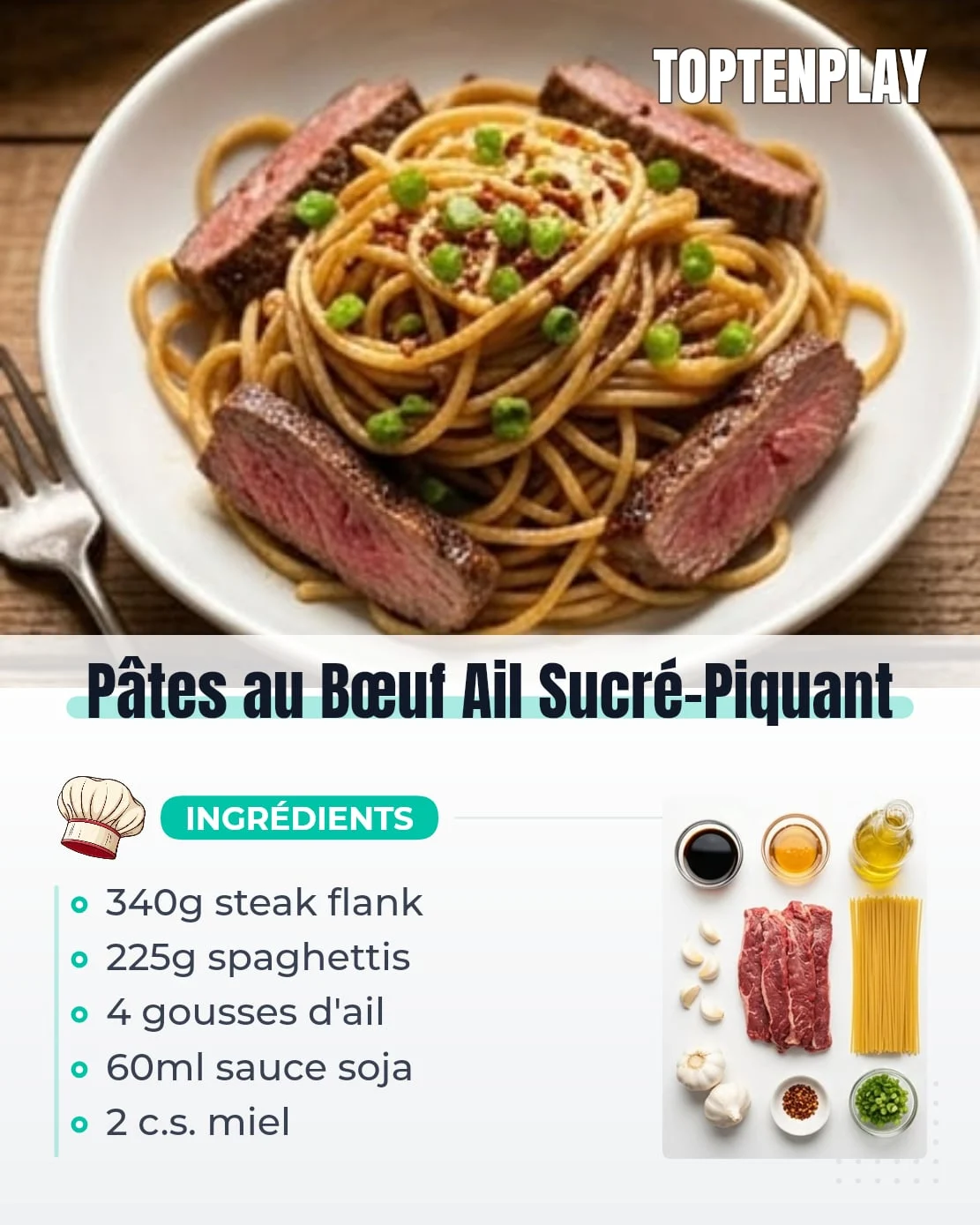 Pâtes au Bœuf Ail Sucré-Piquant
• 225 g spaghettis ou fettuccine
• 340 g steak flank ou faux-filet, tranché finement contre le grain
• 4 gousses d'ail, émincées
• 60 ml sauce soja (classique ou réduite en sodium)