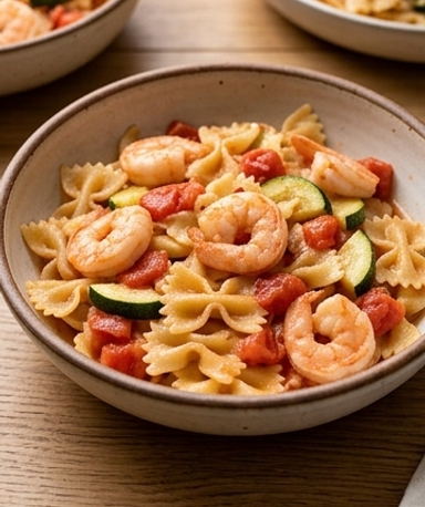 Pâtes aux Crevettes et Courgettes en Sauce Tomate Fraîche