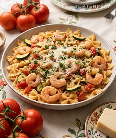Pâtes aux Crevettes et Courgettes en Sauce Tomate Fraîche : Le Dîner Express de l'Été
