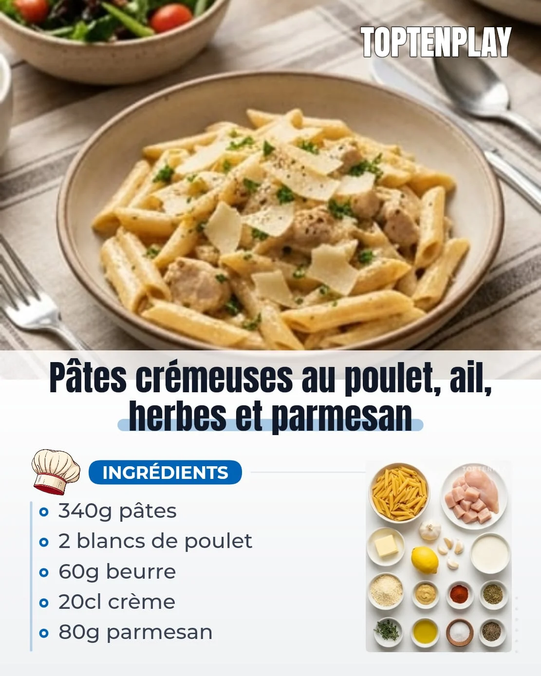 Pâtes crémeuses au poulet, ail, herbes et parmesan