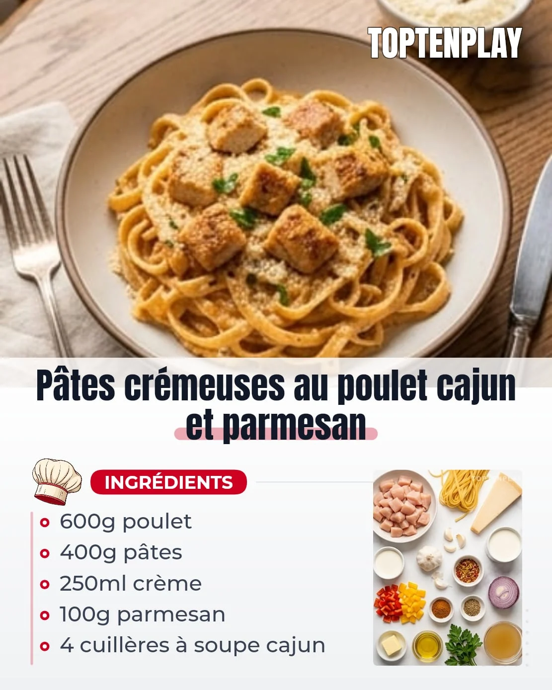 Pâtes crémeuses au poulet cajun et parmesan
• 400g pâtes type penne, fettuccine, linguine ou tagliatelles
• 600g blancs de poulet coupés en morceaux
• 4 cuillères à soupe épices cajun
• 1 cuillère à soupe huile d’olive