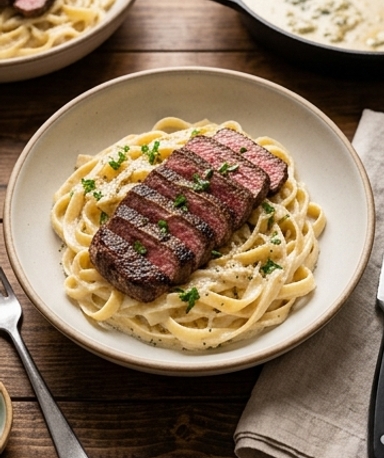 Pâtes Fettuccine au Steak et Sauce Gorgonzola Alfredo