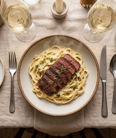 Pâtes Fettuccine au Steak et Sauce Gorgonzola Alfredo