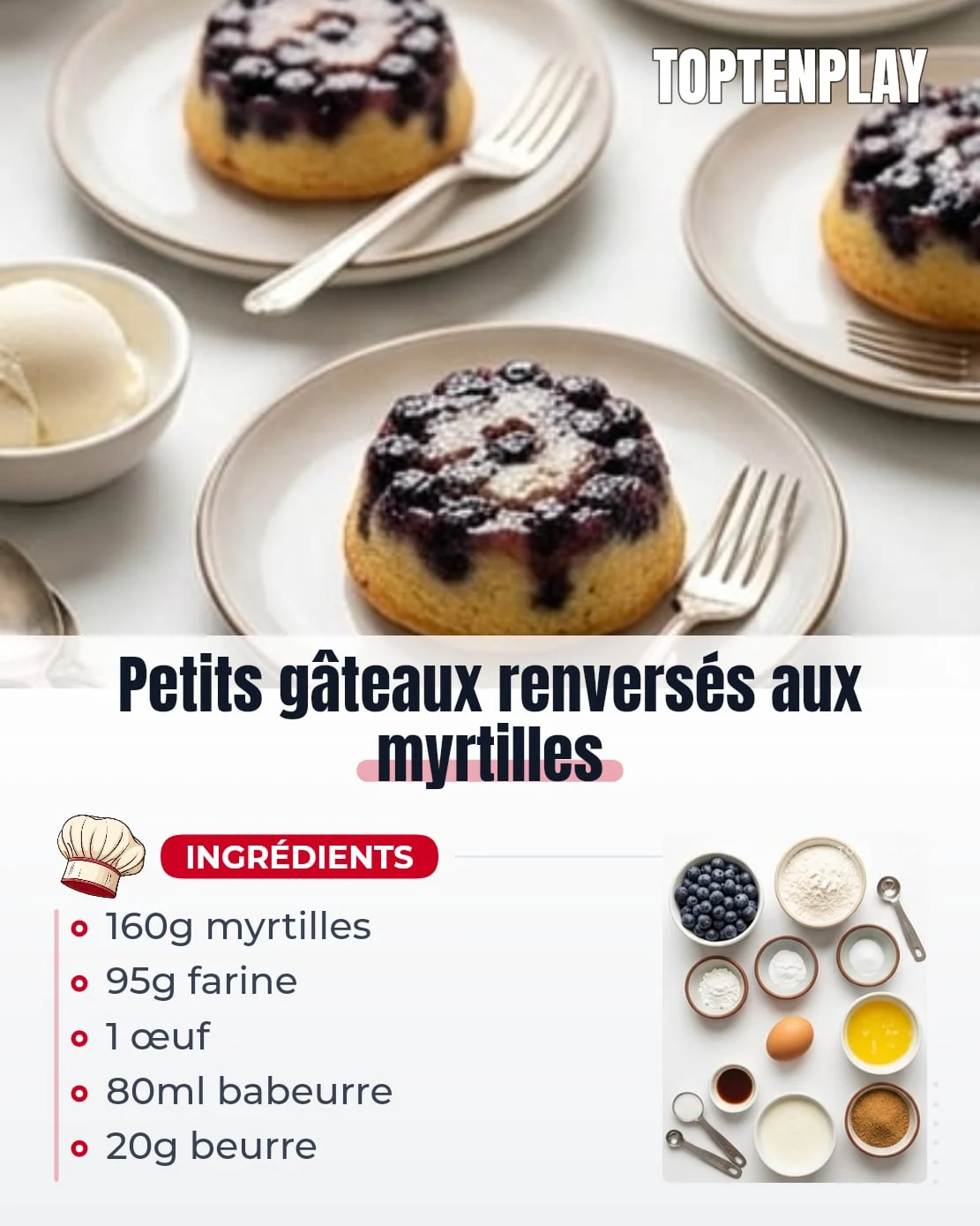 Petits gâteaux renversés aux myrtilles
• 160g myrtilles fraîches ou surgelées non décongelées
• 20g sucre brun ou édulcorant brun type monk fruit
• 95g farine tout usage
• 1 cuillère à café levure chimique