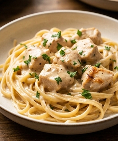 Poulet crémeux à l'ail et linguine Alfredo