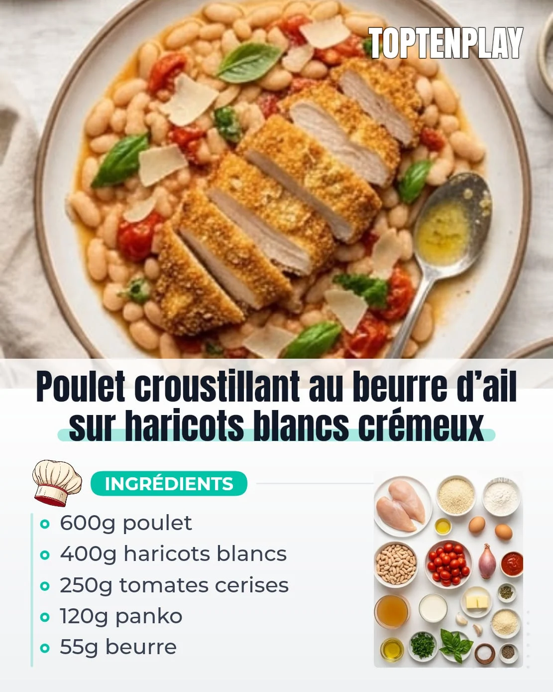 Poulet croustillant au beurre d’ail sur haricots blancs crémeux