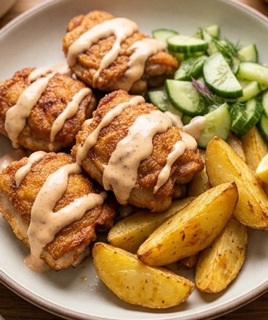 Poulet croustillant, patates dorées et salade de concombre à l'aïoli fumé