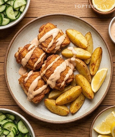 Poulet croustillant, patates dorées et salade de concombre à l'aïoli fumé