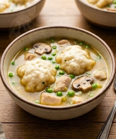 Poulet et dumplings au yaourt, poireaux et champignons