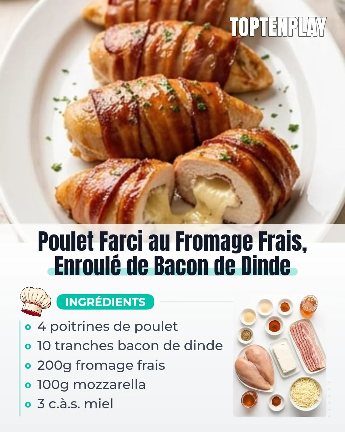 Poulet Farci au Fromage Frais, Enroulé de Bacon de Dinde