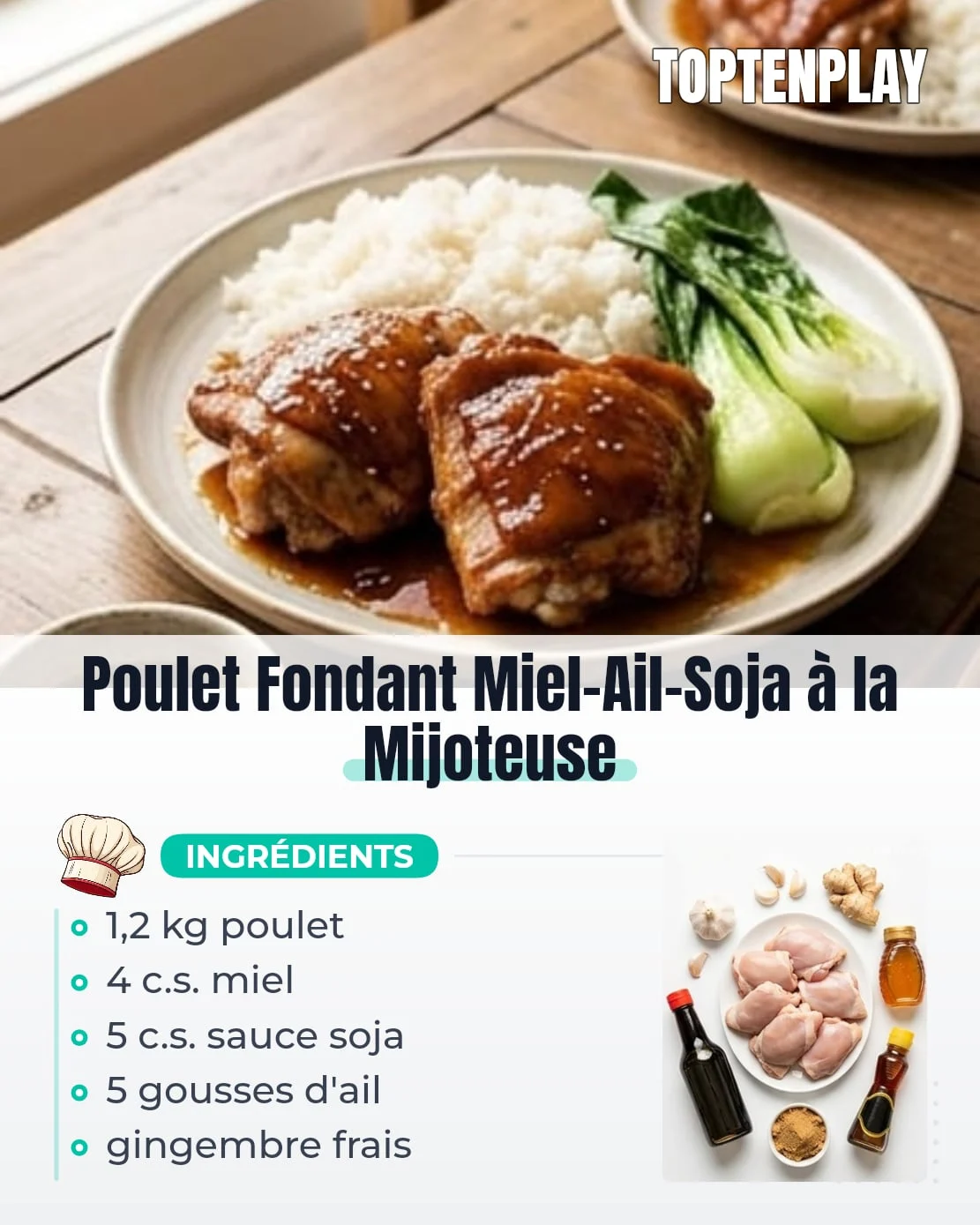 Poulet Fondant Miel-Ail-Soja à la Mijoteuse
• 1,2 kg hauts de cuisse de poulet avec os et peau
• 4 c. à soupe miel (acacia ou multi-fleurs)
• 5 c. à soupe sauce soja foncée
• 5 gousses d'ail, écrasées
