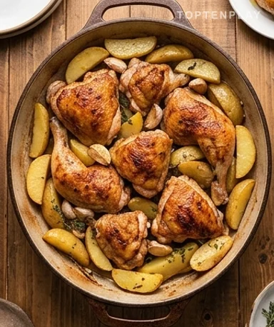 Poulet rôti à la portugaise : pommes de terre fondantes et ail confit au four