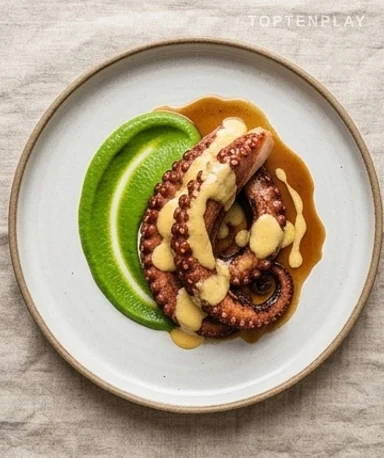Poulpe en cocotte façon Frontignan, velours de roquette et sabayon au vinaigre de sureau
