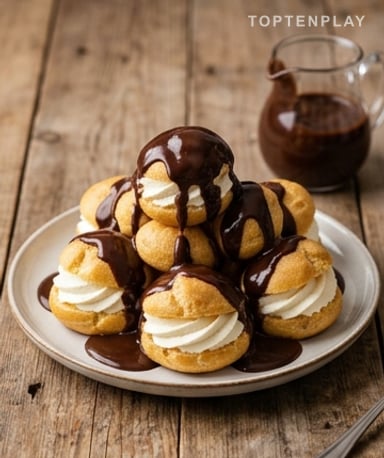 Profiteroles au chocolat maison : choux dorés, chantilly aérienne et sauce veloutée
