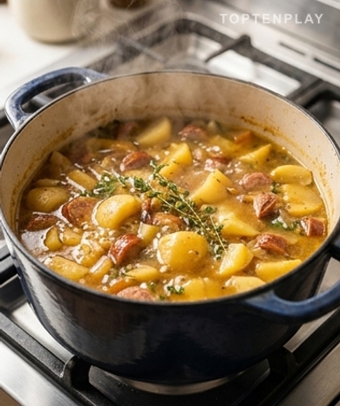 Versez le bouillon chaud et couvrez — 35 minutes sans y toucher