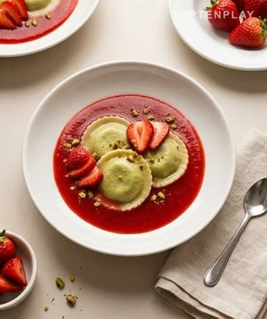 Raviole sucrée à la pistache et soupe de fraise