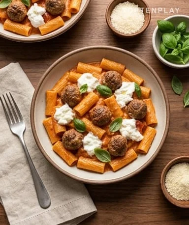 Rigatoni crémeux aux boulettes et burrata