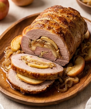 Rôti de veau Orloff aux pommes et oignons caramélisés