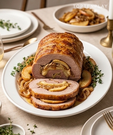 Rôti de veau Orloff aux pommes et oignons caramélisés