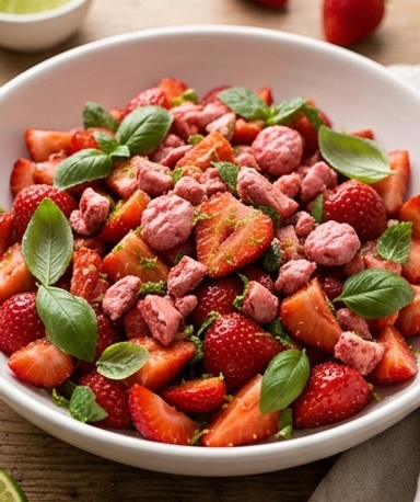 Salade de fraises aux pralines roses