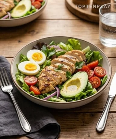 Salade de poulet, avocat, tomates et œufs
